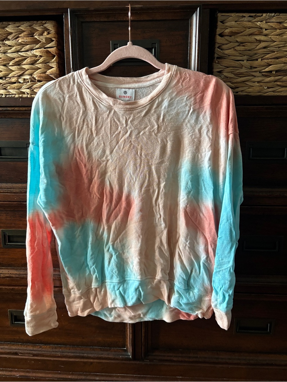 Sundry Tie-Dye Crewneck Sweater in Coral & Teal